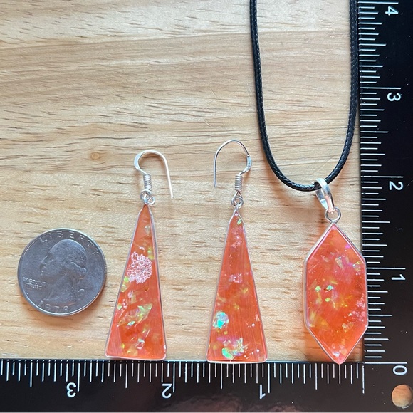 New Orange Acrylic Iridescent Dichroic Silver Overlay Pendant Earrings Set - Picture 5 of 6